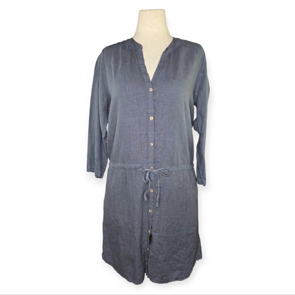 Fresh & Free 100% Linen Button Front Drawstring Shirt Dress Made USA Size M